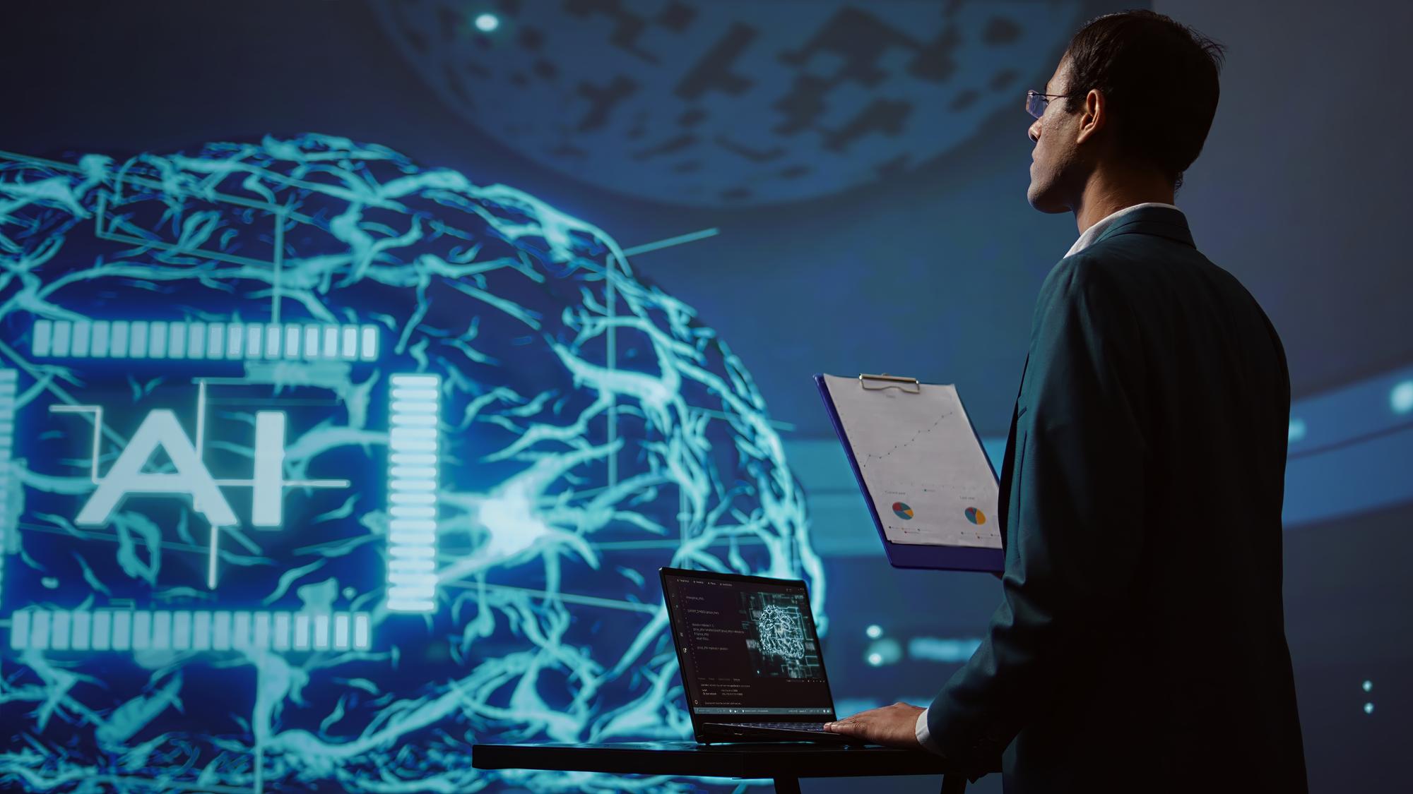 A professional reviewing business charts and data with AI-powered tools on a laptop screen