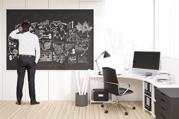 A consulting firm meeting room with whiteboard frameworks and open laptop