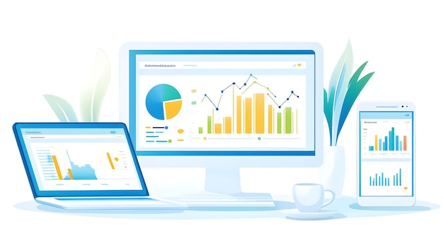 Laptop and phone both displaying the same analytics dashboard with charts