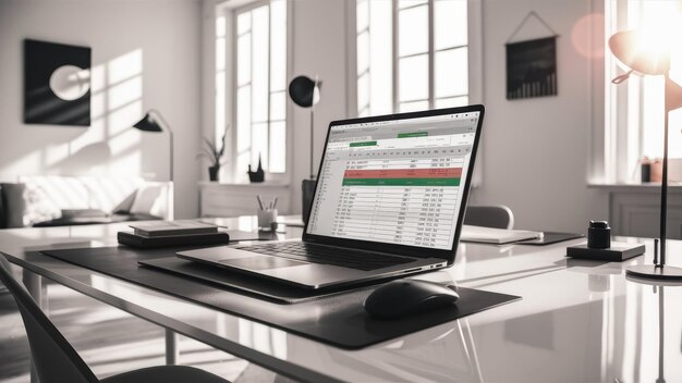 A laptop on a modern office desk displaying a detailed spreadsheet under soft natural light